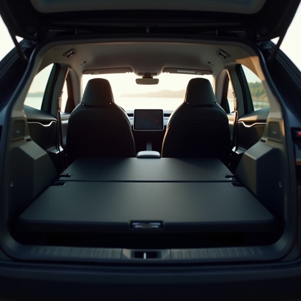 przestrzeń ładunkowa tesla model y z opuszczonymi siedzeniami